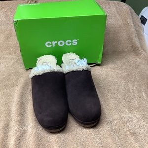 Crocs Lined Brown Suede Mules size 8W NWOT, box included